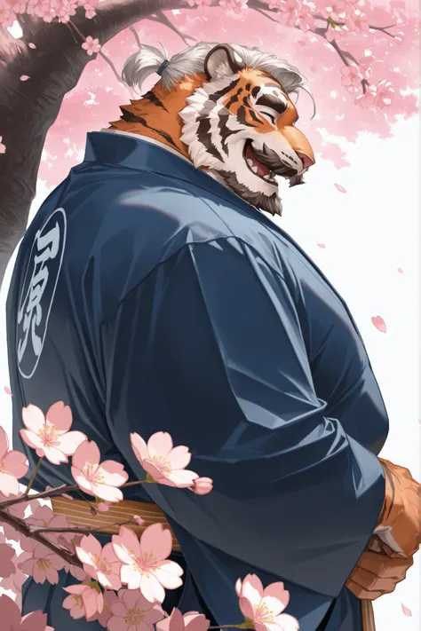 lindong, solo, old man, grandpa, huge muscular man wearing kimono, looking cherry blossoms fall, side view, huge tree in backgrond, beard, mustache, old, in under Cherry Blossom tree, Cherry Blossom flower, (foreground cherry blossoms fall), smile, happy, ...