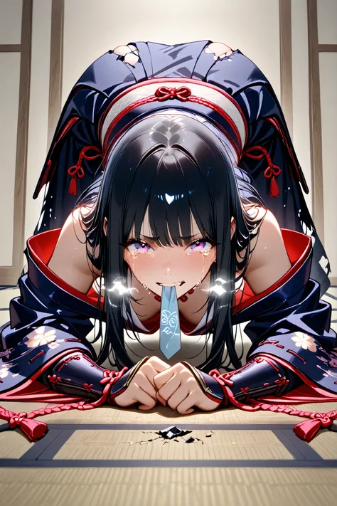 masterpiece、of the best quality、viewer、beautiful woman、 Woman 1、long black hair、Japanese armor( is broken )、Torn Japanese clothing、Off Shoulder 、Rotate face down on the floor、sweated、 rough breathing、 Biting your lip, crying expression,