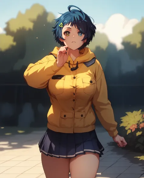 ohto ai,1girl,solo,heterochromia,short hair,hood,blue eyes,hair ornament,hairclip,.skirt, bangs, uniform, long sleeves pleated skirt,thick thighs, large breasts,