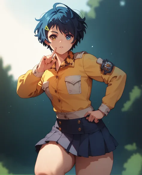ohto ai,1girl,solo,heterochromia,short hair,blue eyes,hair ornament,hairclip, bangs, uniform, skirt,thick thighs,