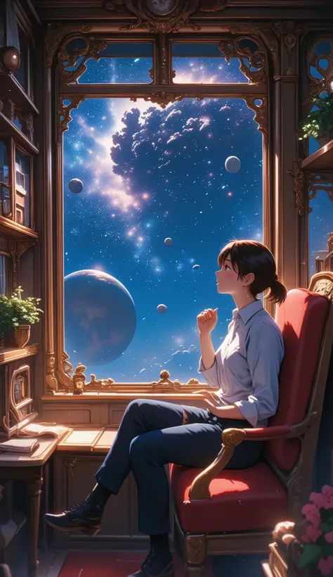 Galaxy Express 999, a masterpiece by Leiji Matsumoto, a passenger car pulled by a steam locomotive traveling through space, an interplanetary immigrant looking out the window in a passenger cabin