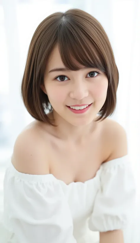 In this high-resolution photo、and bangs _Erica. she's a young Japanese woman named Ikuta with brown hair that reaches her shoulders、 wears an off-the-shoulder dress、She has white skin like snow . She is looking straight into the camera、 with a joyful expre...