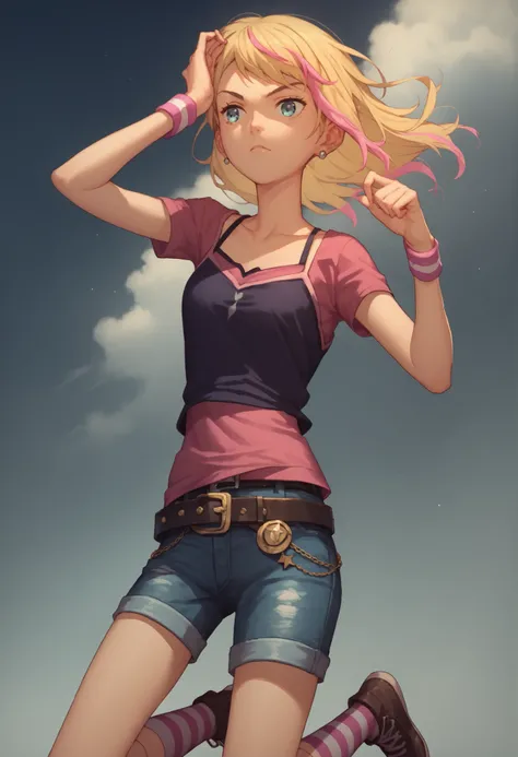 Kawai Rika, score_9, score_8_up,score_7_up, 1girl, solo, hair blonde, hair pink, Multicolored hair, jewelry, earrings, wristband, camisole, shirt, short sleeves, striped, striped kneehighs, belt, shorts, denim,