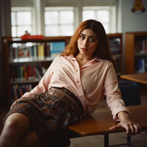 Ultra-realistic cinematic photo, 1980s-style, of a red-haired young woman sitting on a wooden bench in a sunlit school library. She wears a loose pastel pink shirt (rolled sleeves) tucked into a high-waisted dark patterned skirt, with a wide brown belt. He...