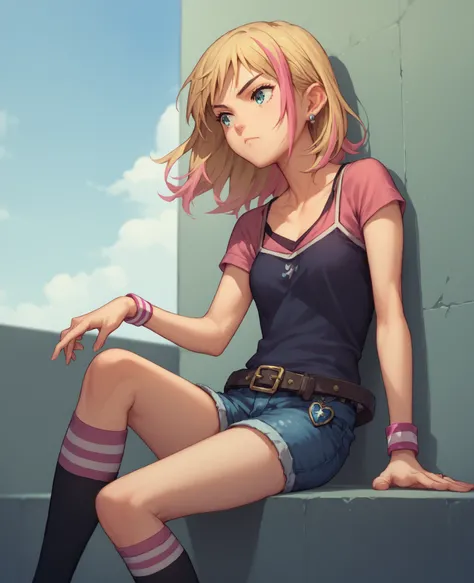 Kawai Rika, 1girl, solo, hair blonde, hair pink, Multicolored hair, jewelry, earrings, wristband, camisole, shirt, short sleeves, striped, striped kneehighs, belt, shorts, denim,