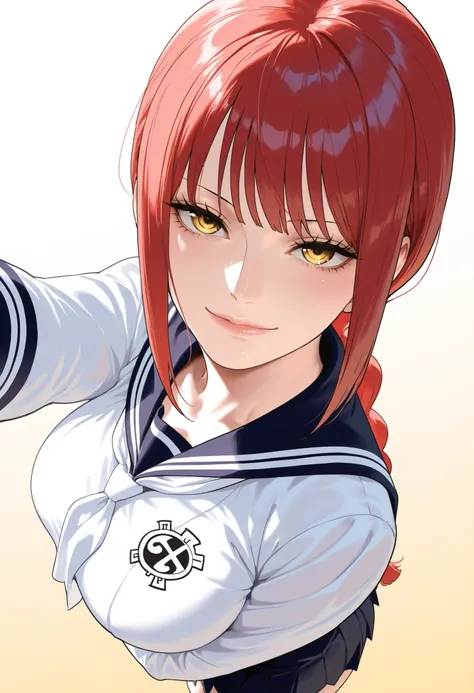 masterpiece, best quality, amazing quality, 1girl, (Makima , One Piece, yellow eyes, red hair), wearing School uniform, Pleasure Face, close up shot, simple background, medium size , golden ratio face, sexy pose, Pinkish skin tone, smooth and soft skin, s...