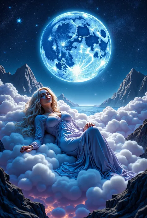 Gecata, creating a sense of mystical atmosphere, stretching across the night sky, , barely covering her beautiful body { x} shimmer with all shades of blue. Her body, beautiful and sexy, The scene is completed in romantic realism style,, that are scatter...