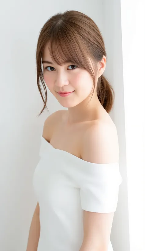In this high-resolution photo、and bangs _Erica. she's a young Japanese woman named Ikuta with brown hair that reaches her shoulders、 wears an off-the-shoulder dress、She has white skin like snow . She is looking straight into the camera、 with a joyful expre...