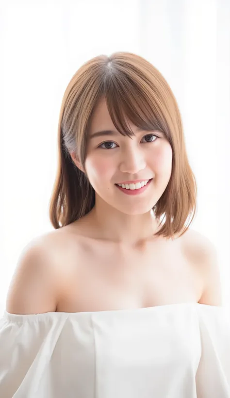 In this high-resolution photo、and bangs _Erica. she's a young Japanese woman named Ikuta with brown hair that reaches her shoulders、 wears an off-the-shoulder dress、She has white skin like snow . She is looking straight into the camera、 with a joyful expre...