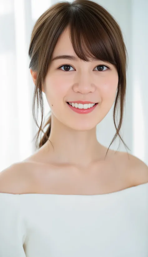In this high-resolution photo、and bangs _Erica. she's a young Japanese woman named Ikuta with brown hair that reaches her shoulders、 wears an off-the-shoulder dress、She has white skin like snow . She is looking straight into the camera、 with a joyful expre...