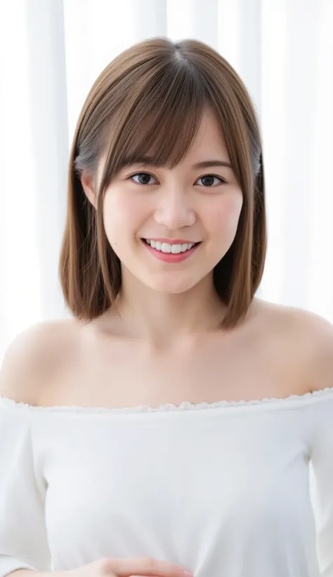 In this high-resolution photo、and bangs _Erica. she's a young Japanese woman named Ikuta with brown hair that reaches her shoulders、 wears an off-the-shoulder dress、She has white skin like snow . She is looking straight into the camera、 with a joyful expre...