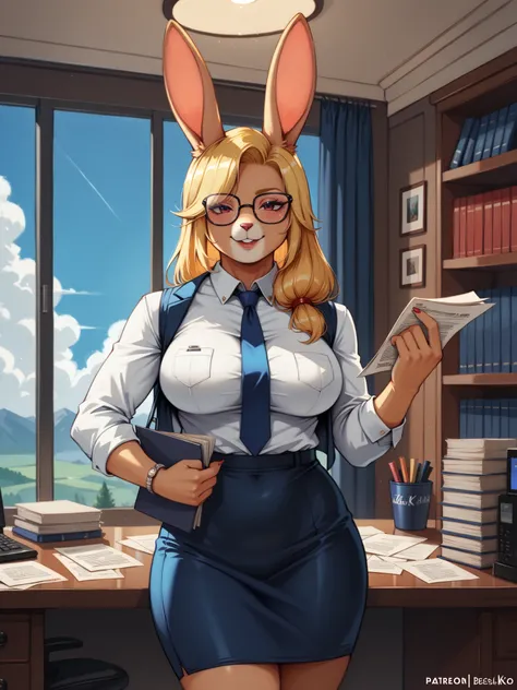 (masterpiece, center), amazing quality, very aesthetic, Absurds, highres, newer, HDR-10, 8K, cinematic, professional photo, a chic, Rabbit girl, animal ears, Blonde ears, Blonde tail, (((Captain Bokko))), wonder 3, amazing 3, black hair, white fur, big bre...