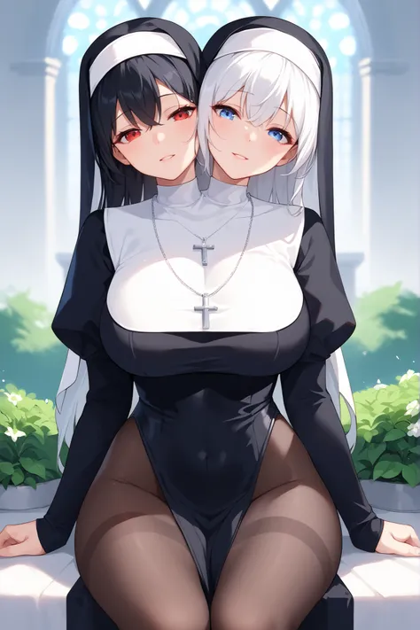 conjoined, 2girls, 2heads, two heads, a tall thin girls with 2 heads, white hair, black hair, red eyes, blue eyes, large breasts, front shots, black nun clothes, pelvic curtain, highleg, long sleeves, pantyhose, white church, upper body, cross necklace, ga...