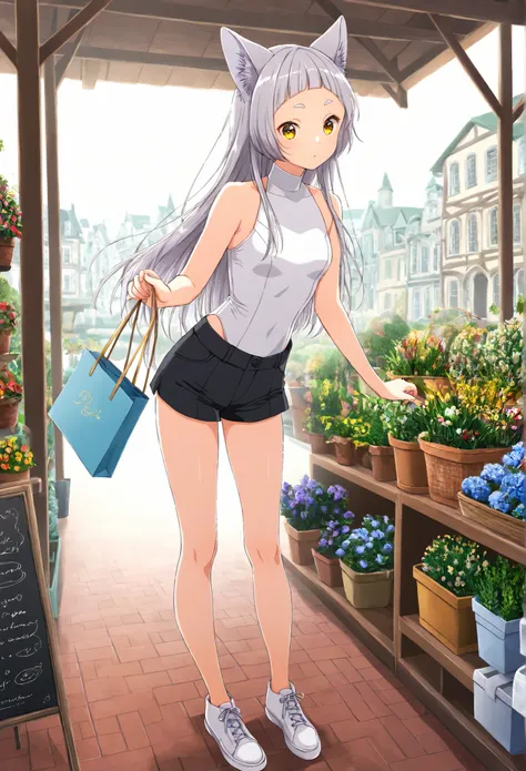 solo,Yellow Eye,turns around, backlit,Fleeting,masterpiece , About  ,1 medium breasted girl, alone, 短いBangs,Bangs,Round eyebrows,  , and the eyes are, gray hair ,straight long hair,long hair,wolf cut,silver fox ears,  White Fox Ears,full body, Designed to ...
