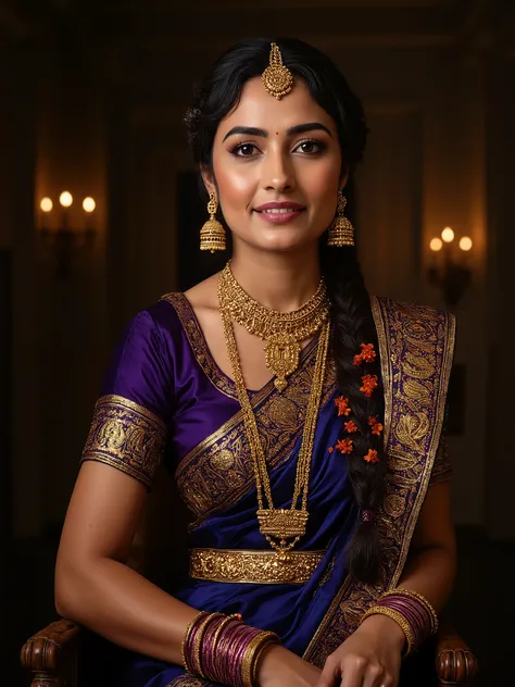 A stunning South Asian woman dressed in a traditional deep purple and blue silk saree with intricate gold embroidery and a richly woven border. The saree is draped in an elegant South Indian style, with perfectly arranged pleats and a gracefully flowing pa...