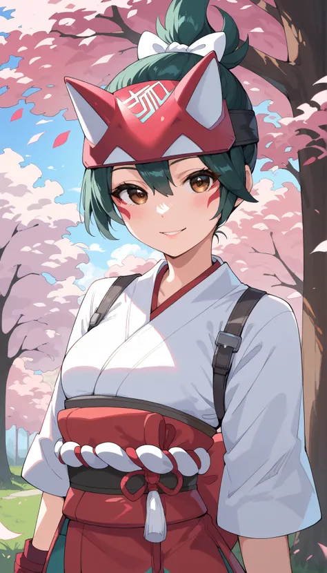 score_9, score_8_up, score_7_up, BREAK source_anime, best quality, masterpiece, 1girl , BREAKkiriko_(overwatch), Kiriko's mask, short hair, kiriko_ponytail, (brown_eyes), seductive smile, kimono, standing, (sakura tree background),