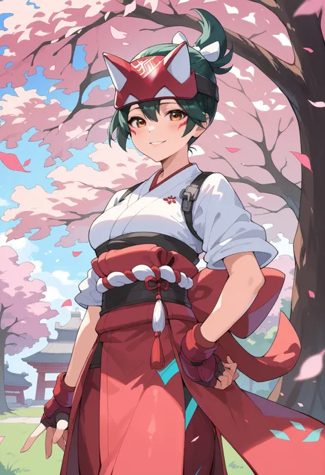 score_9, score_8_up, score_7_up, BREAK source_anime, best quality, masterpiece, 1girl , BREAK kiriko_(overwatch), Kiriko's mask, short hair, kiriko_ponytail, (brown_eyes), seductive smile, kimono, standing, (sakura tree background),