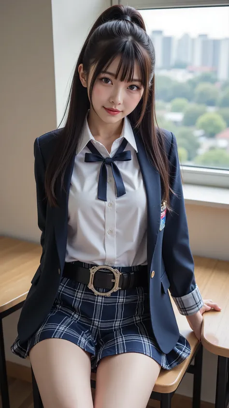nsfw, masterpiece, best quality , illustrations, very well detailed, details, high resolution, 8k,wallpaper, cameras,(An elaborate, high-quality, realistic eye depiction :1.3), high school classroom 、high school uniform、 blazers 、 Ultra Short Pla...