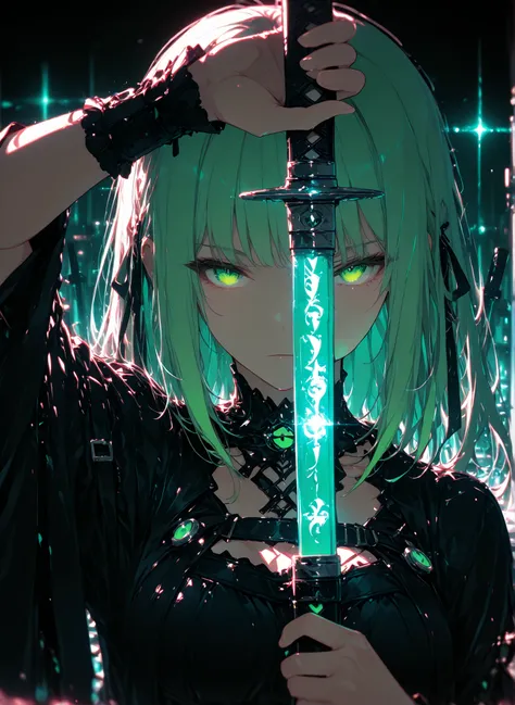 1girl,dark gothic, minimalist, green eyes,blue sword,solo,limited color,side angle, upper body, katana, pose , face focus, looking at viewers, side light , neon light, glowing, epic, absurdres, masterpiece,