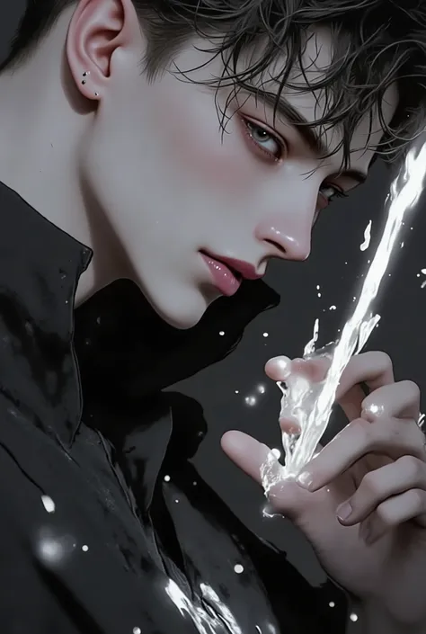 A close-up shot of an AI character leaning close to the viewer, his hand gently cupping the side of a glowing digital interface, lips parted slightly as if about to whisper something forbidden. He wears a partially open techwear shirt, revealing a glowing ...