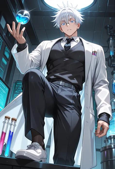 1 man, ((male focus)), Gojo Satoru, Jujutsu Kaisen, white hair, white short hair, blue eyes, colored eyelashes, sexy man, handsome, muscular, trained body , glasses , professor , scientist , 8K CG wallpaper, very fine 8KCG wallpapers, black choker, shirt,...