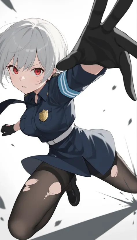 score_9, score_8_up, score_7_up, ((masterpiece)), (best quality), 1girl, solo, Simple background, temptation, delicate face, Battle Pose , Thomas slalom kick, full body, silver short hair, long sideburn, red delicate eyes, Disdainful Eyes, Black Stocking...