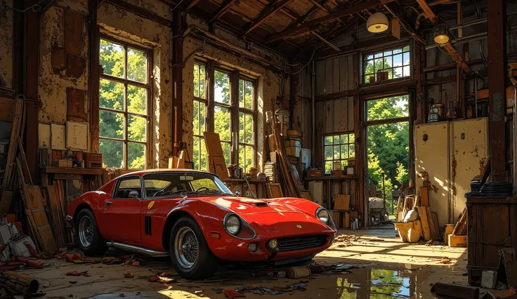 "Inside an old, dust-covered barn, hidden beneath decades of neglect, sits a forgotten legend—a 1962 Ferrari 250 GTO. Its once-glorious red paint is now dulled by time, cobwebs stretch across its windshield, and the leather seats have cracked with age. Sun...