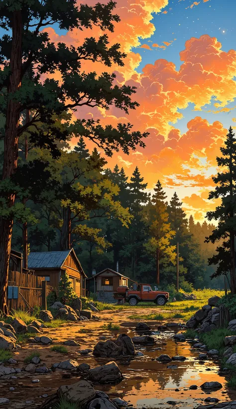 "A rugged Ford Bronco, covered in mud from a day of intense off-roading, sits at the edge of a dense forest. The sun is setting behind the trees, casting long shadows across the uneven terrain. The vehicle’s all-terrain tires are caked in dirt, and a light...