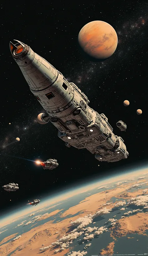 Super-detailed sci-fi illustrations by Angus McKee, A spaceship full of screens、Heavy々like、Expressed by shading、
The atmosphere is like a 1970's sci-fi hand-drawn detailed illustration,
Drake Interstellar, Feeling of Pressure 、Intimidation、Unknown Fields、...