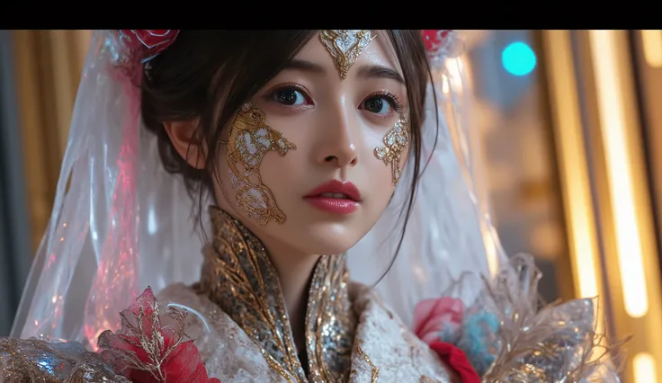 PoRtRait of a Japanese female andRoid in heR mid-20s made of white and silveR cleaR glass and plastic, ((芸者メイク)), Black haiRstyle , SilveR and gold metal inteRnals, ダイナミックなポーズ, flowing oRganic constRuction , Detailed engRaving, レース編みのデザイン, [FlickeRing g...