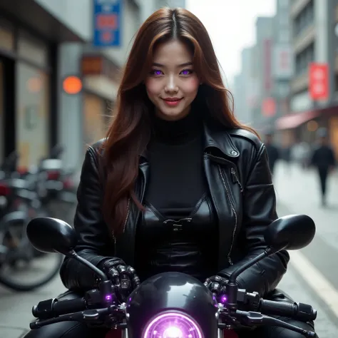 photorealism:1.2), beautiful korean girl, long brown hair, purple glowing eyes, big breasts, black leather jacket, jacket, black robotic arms, black robotic legs, purple glowing details in amrs, glowing purple details on legs, smilling, background: street ...