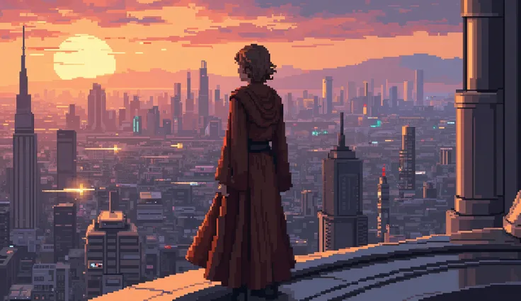 A young man with medium long, wavy, dark brown hair, wearing flowing Jedi robes and a cape, standing on a sleek, futuristic balcony high above the sprawling cityscape of Coruscant, viewed from behind. You can not see his face, only the back of his head. Hi...