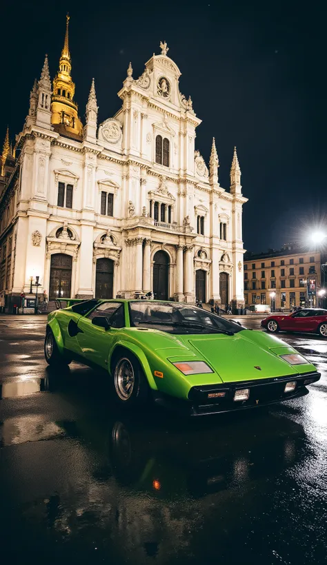 A green Lamborghini Countach classic sports car, (detailed body:1.2), (glossy paint:1.2), parked in front of a grand golden cathedral, (architectural details:1.3), ornate facade, (gothic style:1.1), nighttime setting, (city scene:1.1), (reflection on wet p...