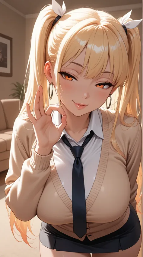 portrait, cute girl, solo, uniform, Micro Miniskirt, long hair, twin tail hair on someone else's head, blonde hair with white tips, Orange Eyes, Big Breasts, tie, hoop earrings, Glossy Lips, Cardigan, , perfect smooth skin, look at the person watching, sed...