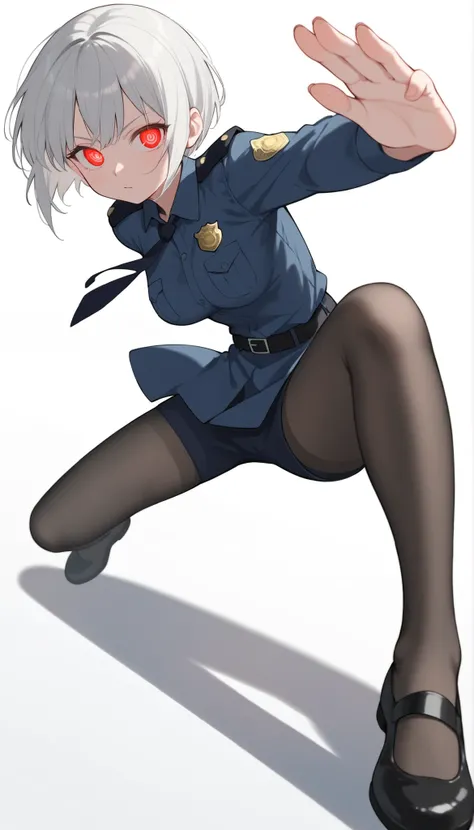 score_9, score_8_up, score_7_up, ((masterpiece)), (best quality), 1girl, solo, Simple background, temptation, delicate face, Battle Pose , Thomas slalom kick, full body, silver short hair, long sideburn, red glowing eyes, Disdainful Eyes, Black Stockings...