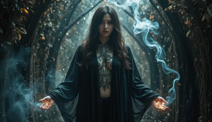  casting a powerful spell 、 an enchanting fantasy witch , Surrounded by glitter ,  a mystical symbol and swirling , Spiritual smoke .   she stands with her legs slightly apart  ,  dark, The flowing robe reveals one end of her intricate tattoo .  The scene ...