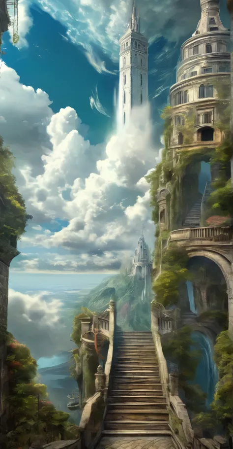 WITH A VIEW THROUGH THE STAIRS TO THE TOWER 、A , surreal concept art, complex and spectacular composition , spectacular symmetrical fantasy art, surreal and fantasy art, breathtaking fantasy art , fantasy surrealism, very detailed fantasy art, Stairw...