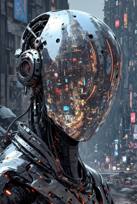 a view of the reflection of an alien sky-fi urban landscape on the front panel of a robot with perfect reflectivity, an epic sci-fi space colony built on a rocky planet, semi-realistic stylized digital author's art, manga style, cyber-futurism, cyber-punk,...
