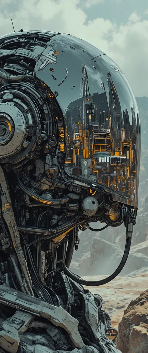 a view of the reflection of an alien sky-fi urban landscape on the front panel of a robot with perfect reflectivity, an epic sci-fi space colony built on a rocky planet, semi-realistic stylized digital author's art, manga style, cyber-futurism, cyber-punk,...