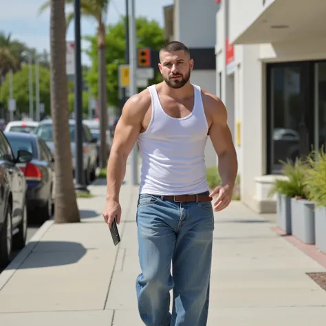 Create a photorealistic image of a 28-year-old tall muscular white man, Black buzz cut hair, rosto jovem, rosto fino, Long face, green eyes, defined jawline, strong forearms, pele clara, Small goatee.  wearing a white tank top, shirt wearing wide jeans. He...