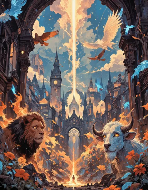 A beautiful golden city, Baroque and Gothic, many architectural objects: transparent main gates made of rock crystal, a magical garden, fruit trees, beautiful strange flowers, birds of paradise, a lion with a mane of fire, a blue ox with transparent amber ...