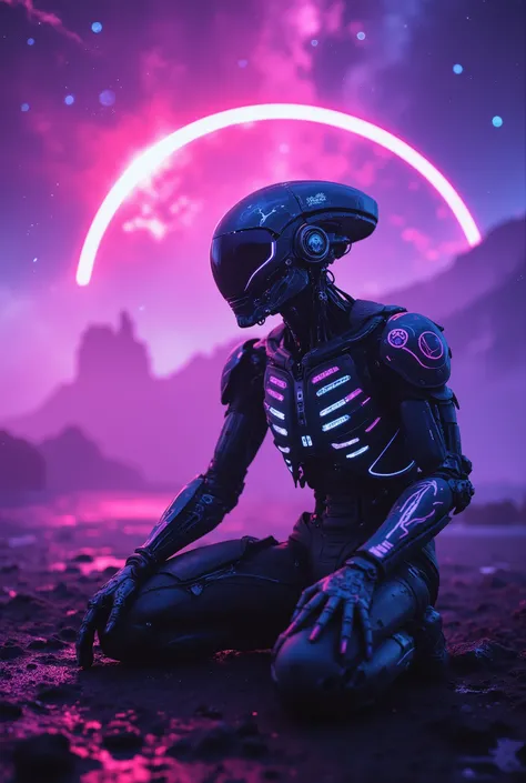 Neon-wasteland Hong Kong vibe × Alien existentialism aesthetics,Battle-scarred star pioneer kneeling on alien altar,Biomechanical exoskeleton/Left cybernetic arm sprouting extraterrestrial crystals,Cracked visor refracting prismatic halos/Spinal implants p...