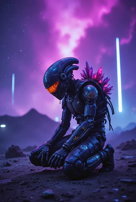 Neon-wasteland Hong Kong vibe × Alien existentialism aesthetics,Battle-scarred star pioneer kneeling on alien altar,Biomechanical exoskeleton/Left cybernetic arm sprouting extraterrestrial crystals,Cracked visor refracting prismatic halos/Spinal implants p...
