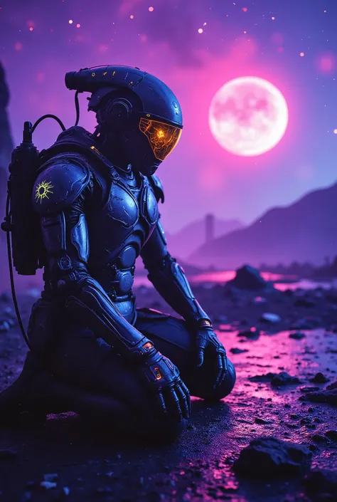 Neon-wasteland Hong Kong vibe × Alien existentialism aesthetics,Battle-scarred star pioneer kneeling on alien altar,Biomechanical exoskeleton/Left cybernetic arm sprouting extraterrestrial crystals,Cracked visor refracting prismatic halos/Spinal implants p...