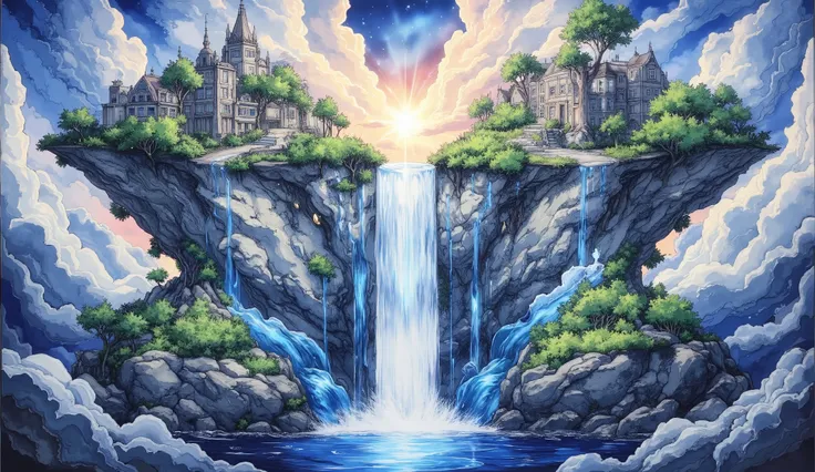 relief art, surreal fantasy, digital paint, A landscape of floating islands with lush greenery, connected by glowing energy bridges., waterfall, buildings, blue and coral vegetation, soft colors.: artstation, matte painting, 4k post-processing, gaston buss...