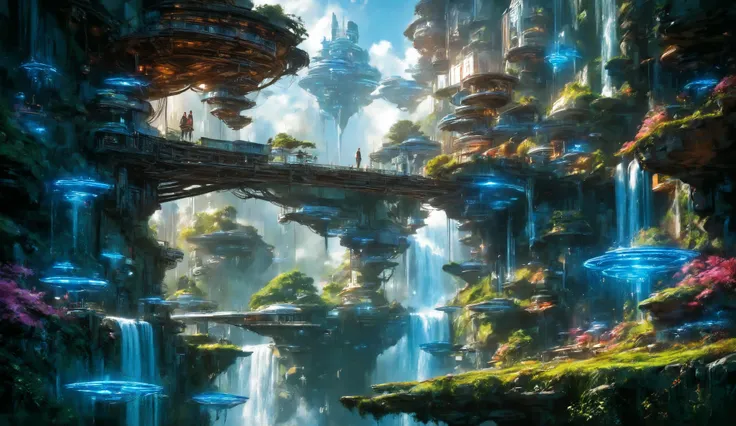 relief art, surreal fantasy, digital paint, A landscape of floating islands with lush greenery, connected by glowing energy bridges., waterfall, buildings, blue and coral vegetation, soft colors.: artstation, matte painting, 4k post-processing, gaston buss...