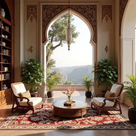 Sindh Region , and we can see wood carving in the architecture in the spaces. With this information I have given you, you can create an interior image for me I want. It is a region that was home to the oldest civilizations in the world. Let it be Ottoman a...
