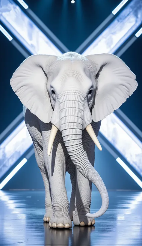 A magnificent white elephant stands proudly on the America’s Got Talent stage, its pristine ivory skin glowing under the dazzling lights. Its large, graceful ears fan out like delicate silk, and its long, curved tusks shimmer in the icy white and silver gl...