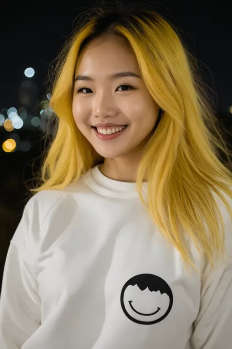 (score_9,score_8_Bem acima,score_7_Bem acima), A close up of an Asian girl, white sweatshirt with black details, yellow hair, smile, happy smile, Look expressing happiness . Fabric fiber details on the dress, eye reflections and natural transparency. <l...