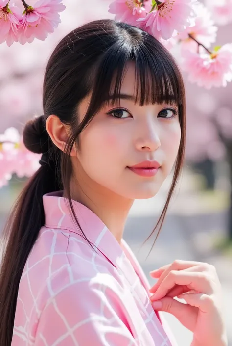 Create a photo collection featuring a Japanese idol girl with fair skin. She has long, straight black hair styled in a ponytail with bangs. Dress her in cute, feminine clothing while she enjoys hanami (cherry blossom viewing) at a famous sakura spot. The s...